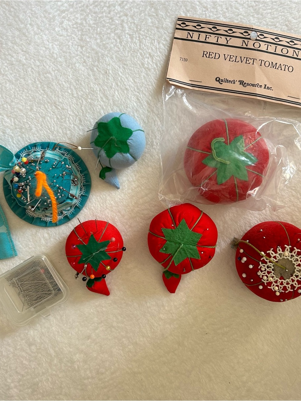 Vintage Tomato & Bonnet Pin Cushion Lot Handmade Sewing Folk Art Fabric Antique